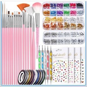Nail Art Kit with Pink Brushes and Rhinestones nail supplies stickers tools